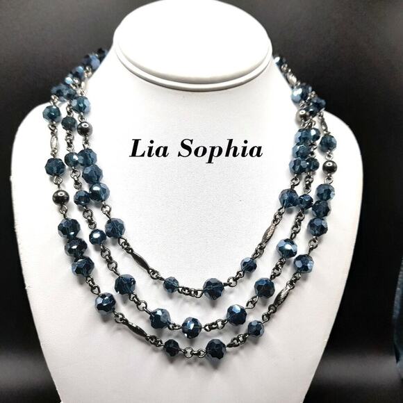 Lia Sophia Blue Beaded Gunmetal Gray Necklace, Three Strands, 21 1/2 Inches - Picture 1 of 13